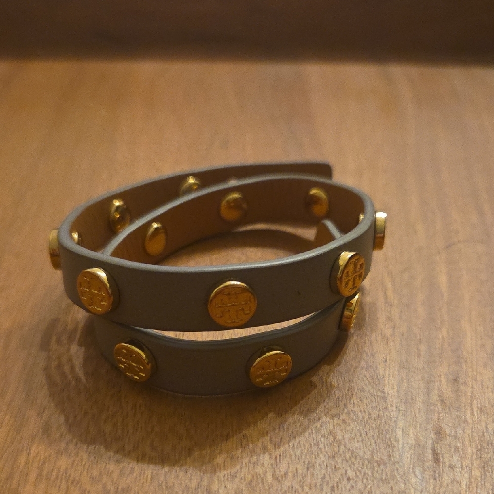 Tory Burch Gray Gold Studded Leather Bracelet